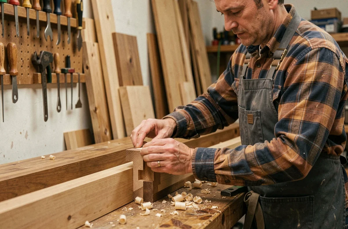 Artisan menuisier assemblant un cadre de fenêtre en bois sur mesure dans son atelier pour AA Menuiserie dans le Morbihan