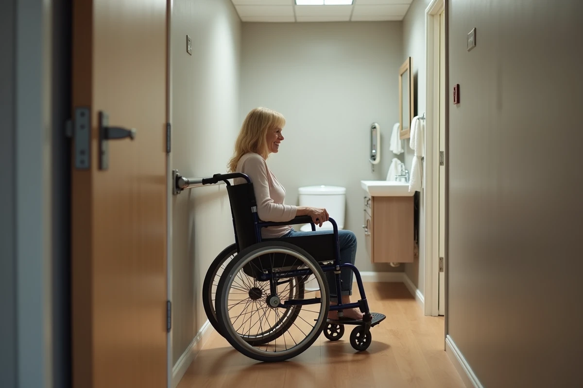Femme en fauteuil roulant franchissant la porte d'une salle de bain PMR avec une largeur de passage adaptée