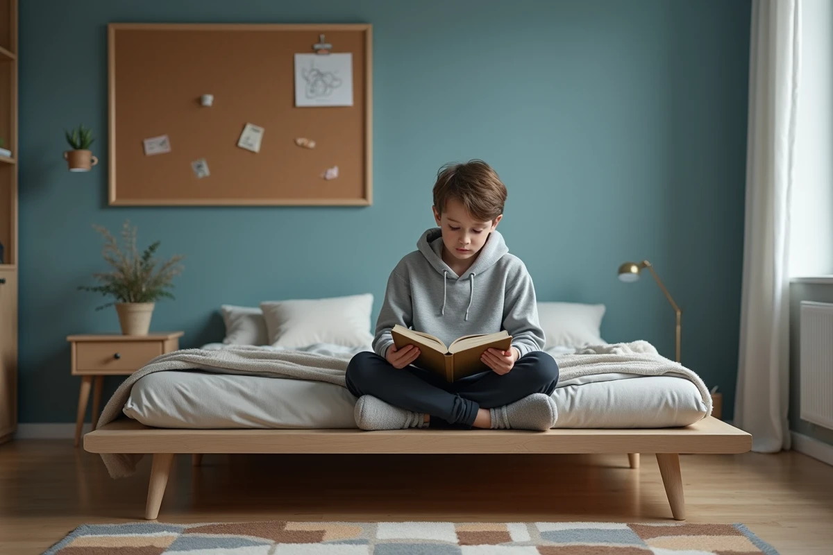 Adolescent lisant dans une chambre aux murs bleu poudré avec décoration naturelle apaisante pour ado hyperactif