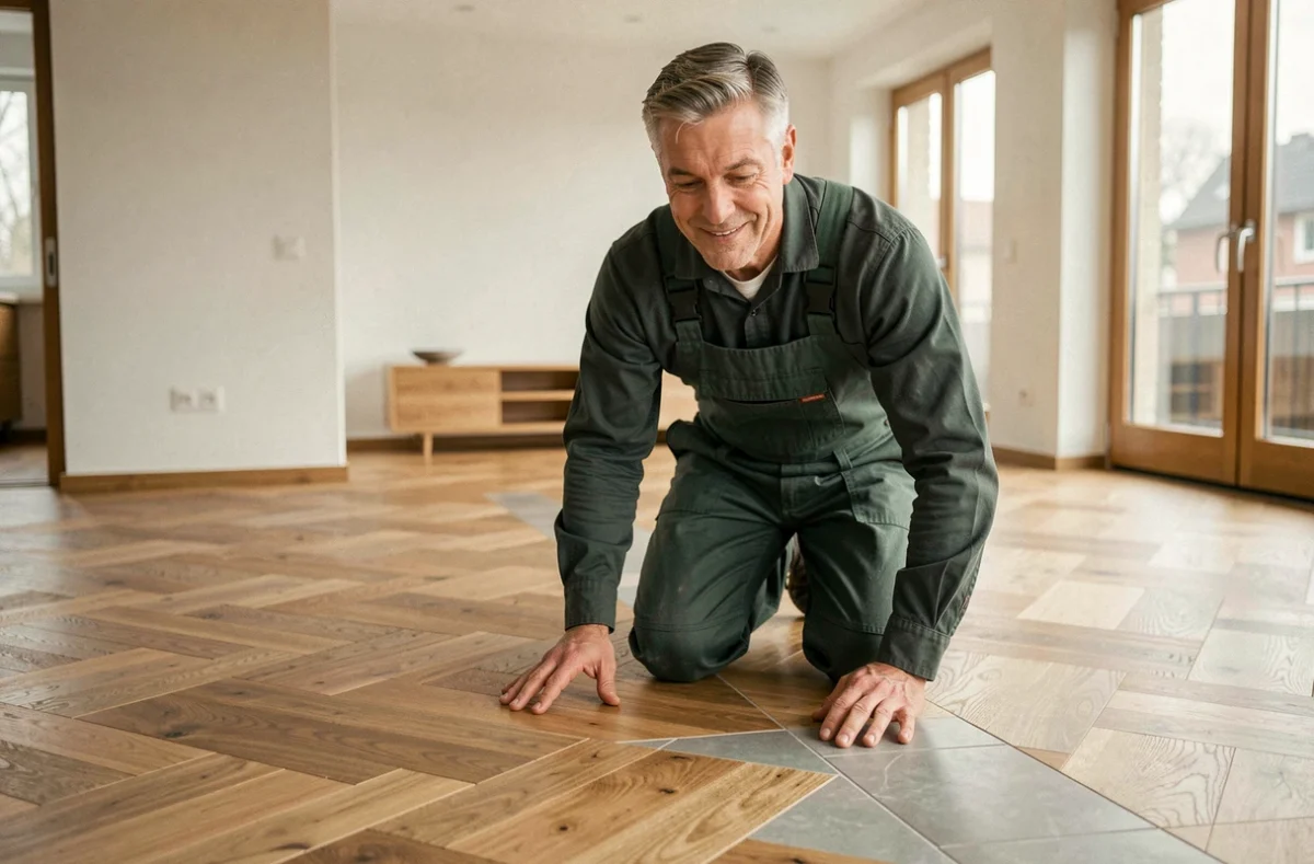 Artisan spécialiste Ag Sols inspectant un sol en motif chevron bois et carrelage dans un appartement moderne