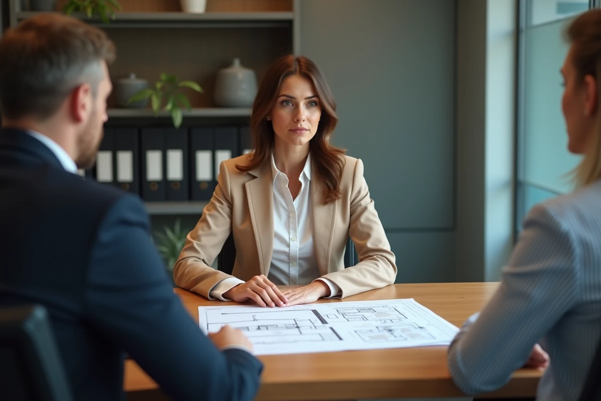 Agent immobilier présentant le diagnostic de performance énergétique DPE à des vendeurs lors d'une transaction immobilière