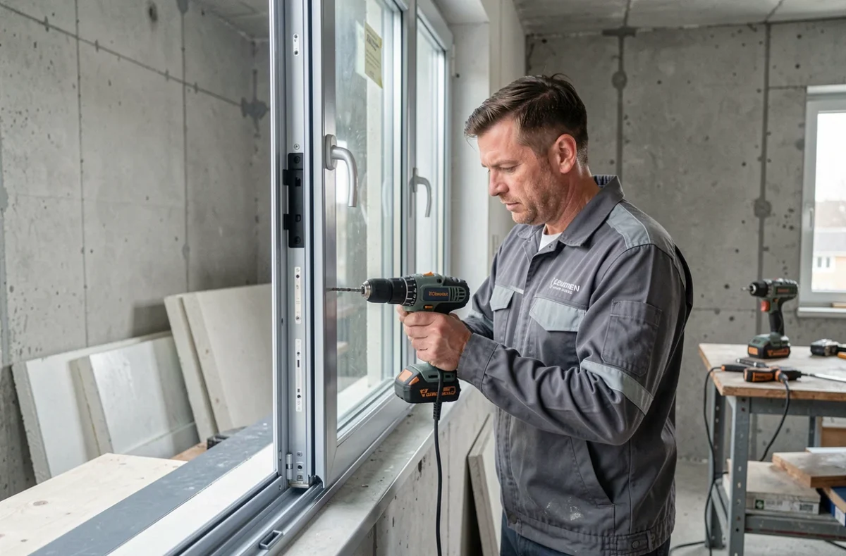 Technicien installant un cadre de fenêtre en aluminium dans une maison en construction pour Aluminium 56 dans le Morbihan