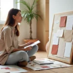 Jeune femme assise sur le sol en train de planifier la décoration de sa maison avec des échantillons de tissu et un tableau d'inspiration