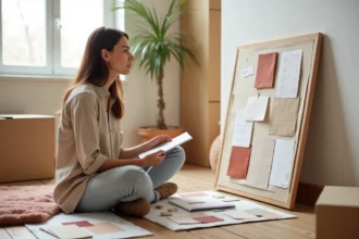 Jeune femme assise sur le sol en train de planifier la décoration de sa maison avec des échantillons de tissu et un tableau d'inspiration