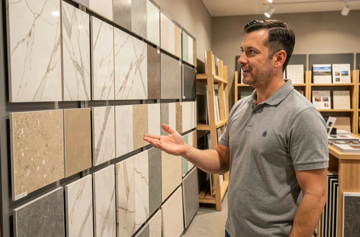 Spécialiste d'Angelino Carrelages présentant des échantillons de carreaux dans un showroom professionnel