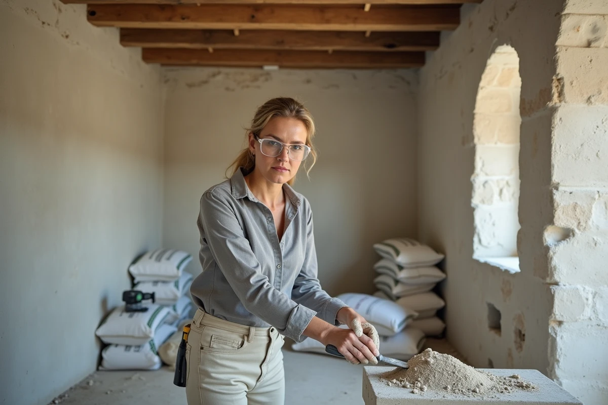 Femme appliquant un mortier de chaux et sable sur les joints d'un mur en pierre dans une maison en rénovation