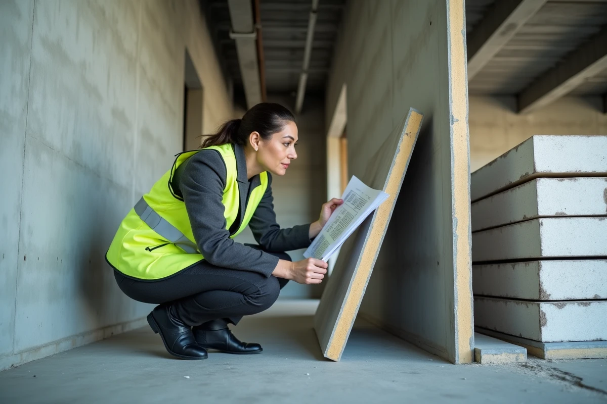 Architecte examinant des plaques d'isolation thermique haute performance dans un bâtiment en construction