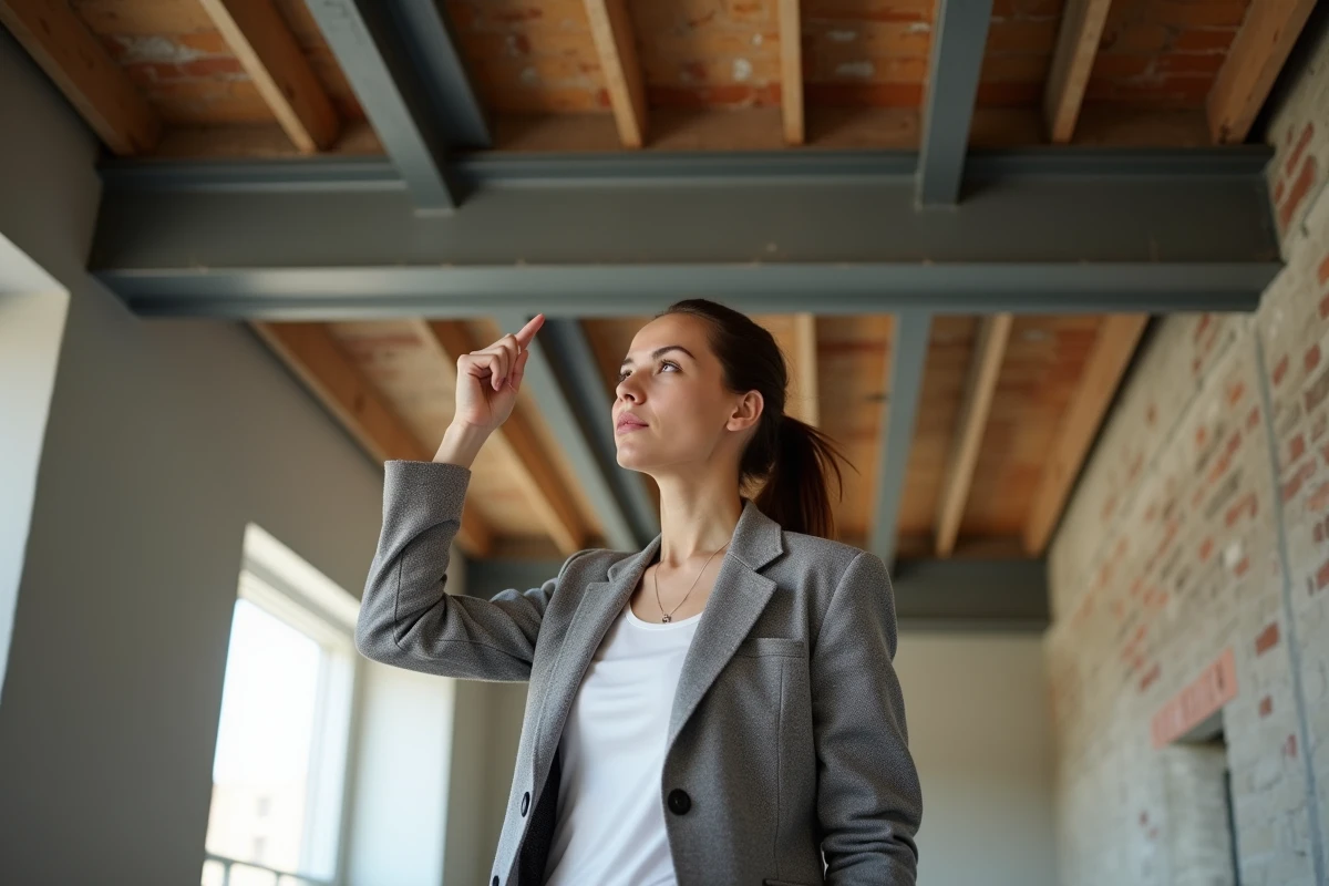 Architecte examinant une poutre IPN apparente dans un loft en rénovation, illustrant la portée structurelle d'un profilé en acier