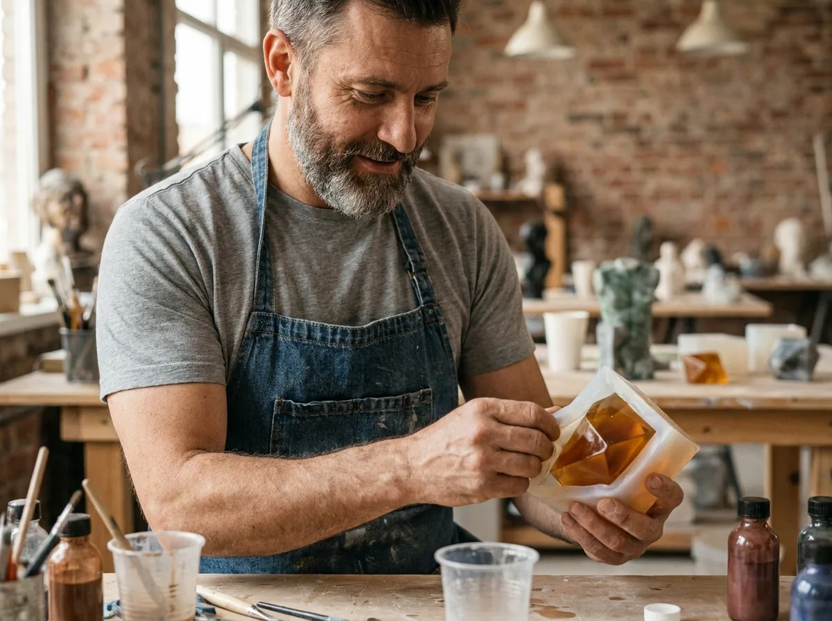 Artisan démoulant un objet en résine d'un moule en silicone flexible dans un atelier de création