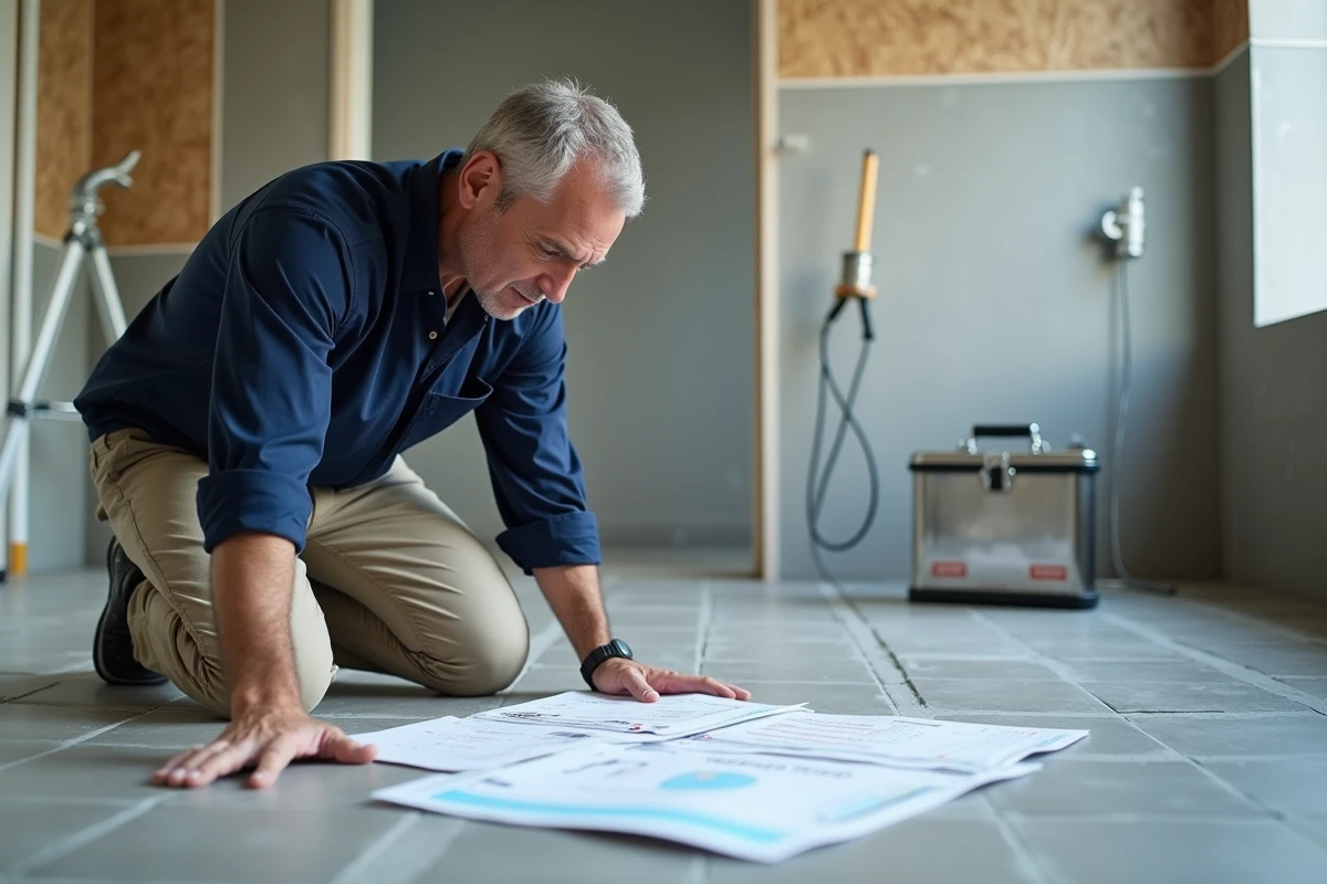 Artisan évaluant des devis de rénovation salle de bain avec documents de travaux posés sur un établi