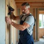 Artisan homme en travaux assemble un mur en plâtre