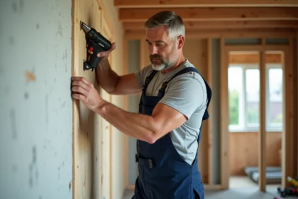 Artisan homme en travaux assemble un mur en plâtre
