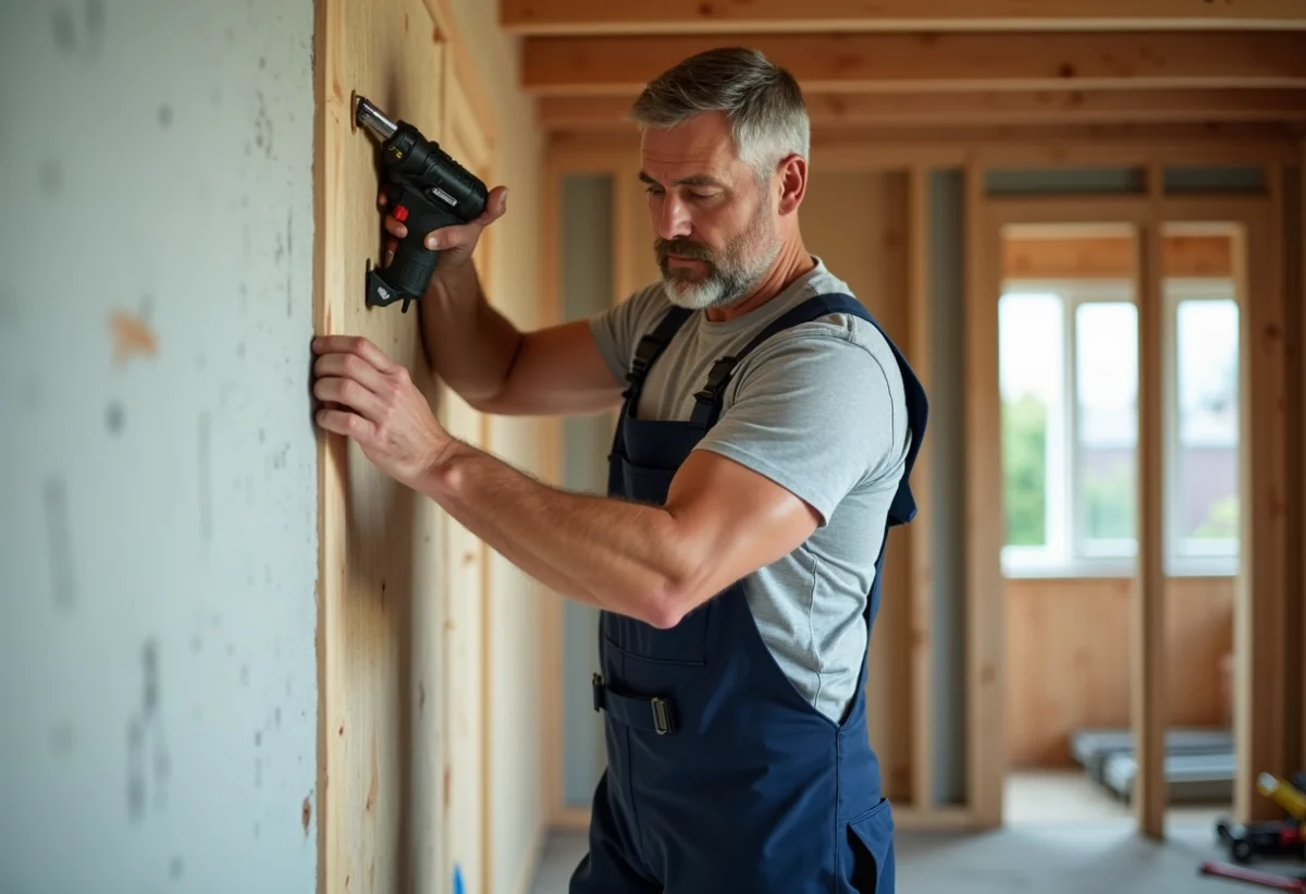 Artisan homme en travaux assemble un mur en plâtre