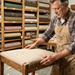 Artisan tapissier appliquant un plaquage fibrecouture sur mesure sur une chaise en bois dans son atelier