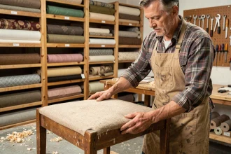 Artisan tapissier appliquant un plaquage fibrecouture sur mesure sur une chaise en bois dans son atelier