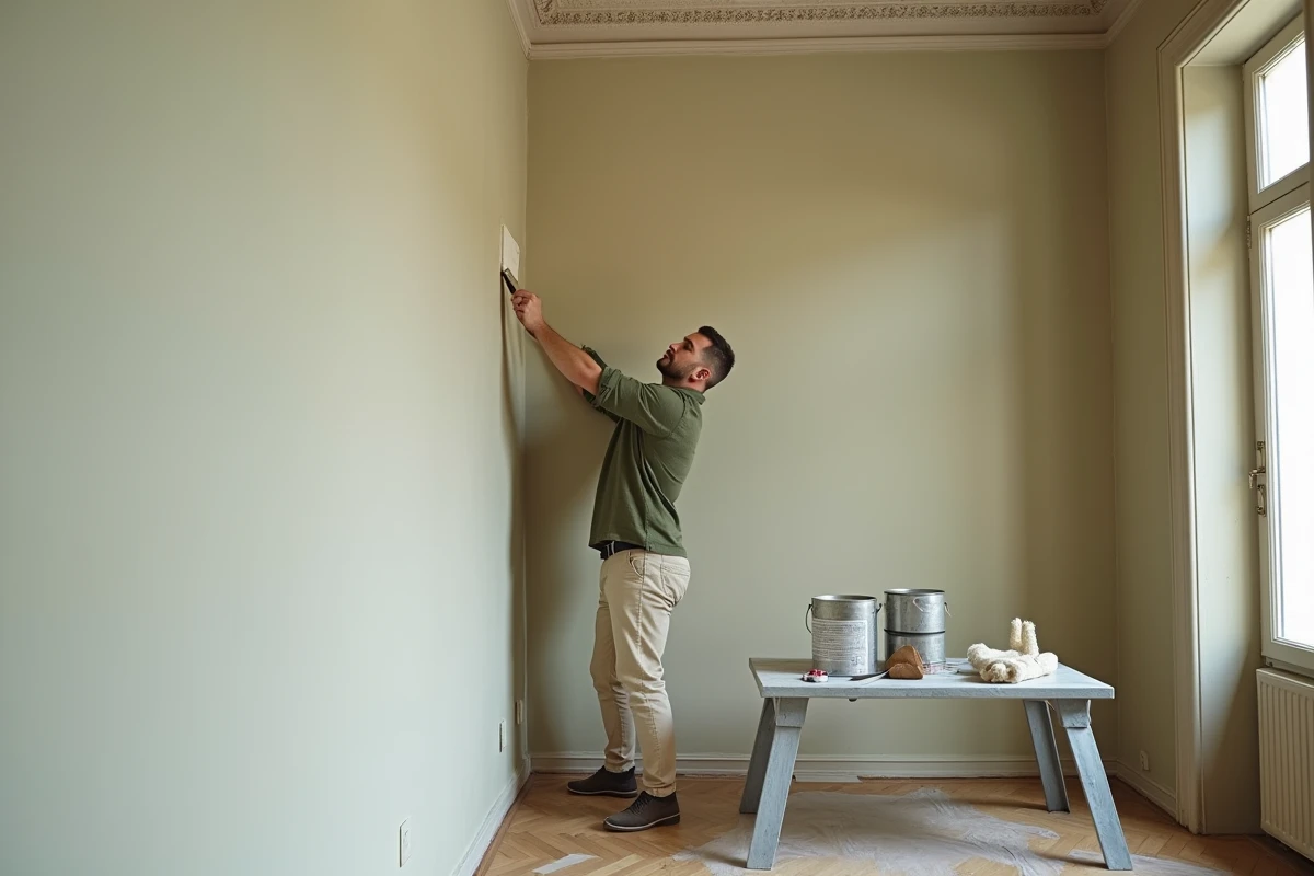 Artisan posant du papier peint dans un appartement haussmannien en rénovation à Lille, intervention d'une agence de décoration professionnelle