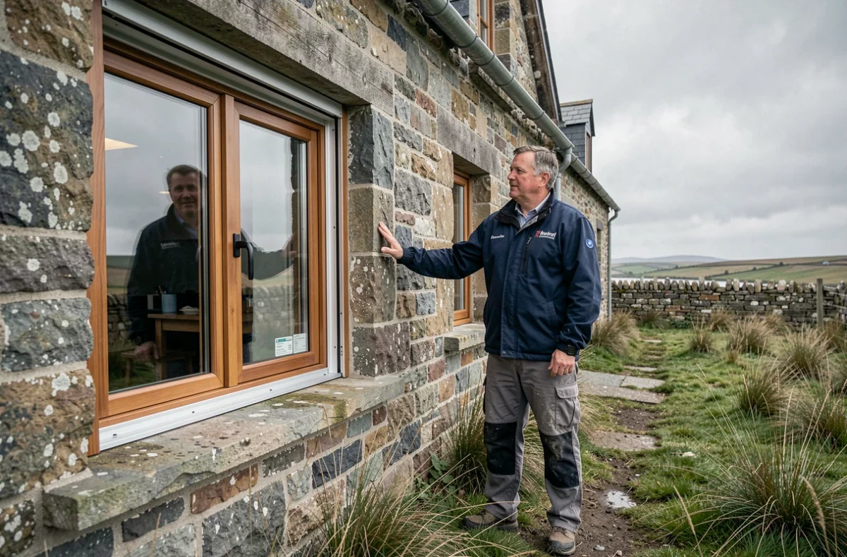 Spécialiste présentant une fenêtre composite aluminium-bois installée sur une ferme en pierre rénovée pour L'Atelier De La Fenêtre dans le Morbihan