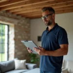 Auditeur énergétique inspectant l'isolation d'une maison ancienne lors d'un diagnostic immobilier pour vente