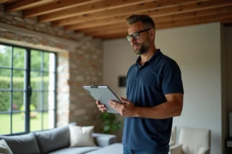 Auditeur énergétique inspectant l'isolation d'une maison ancienne lors d'un diagnostic immobilier pour vente