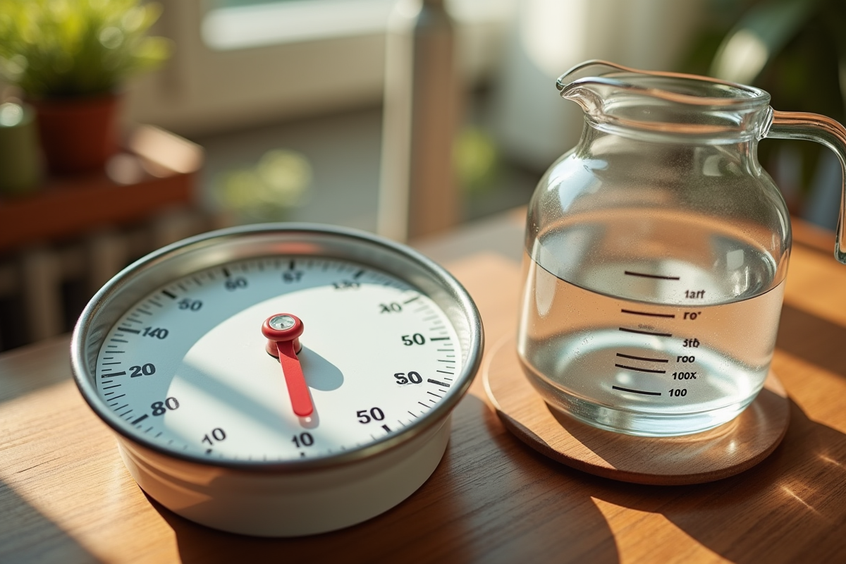 Balance de cuisine et verre mesureur sur table en bois