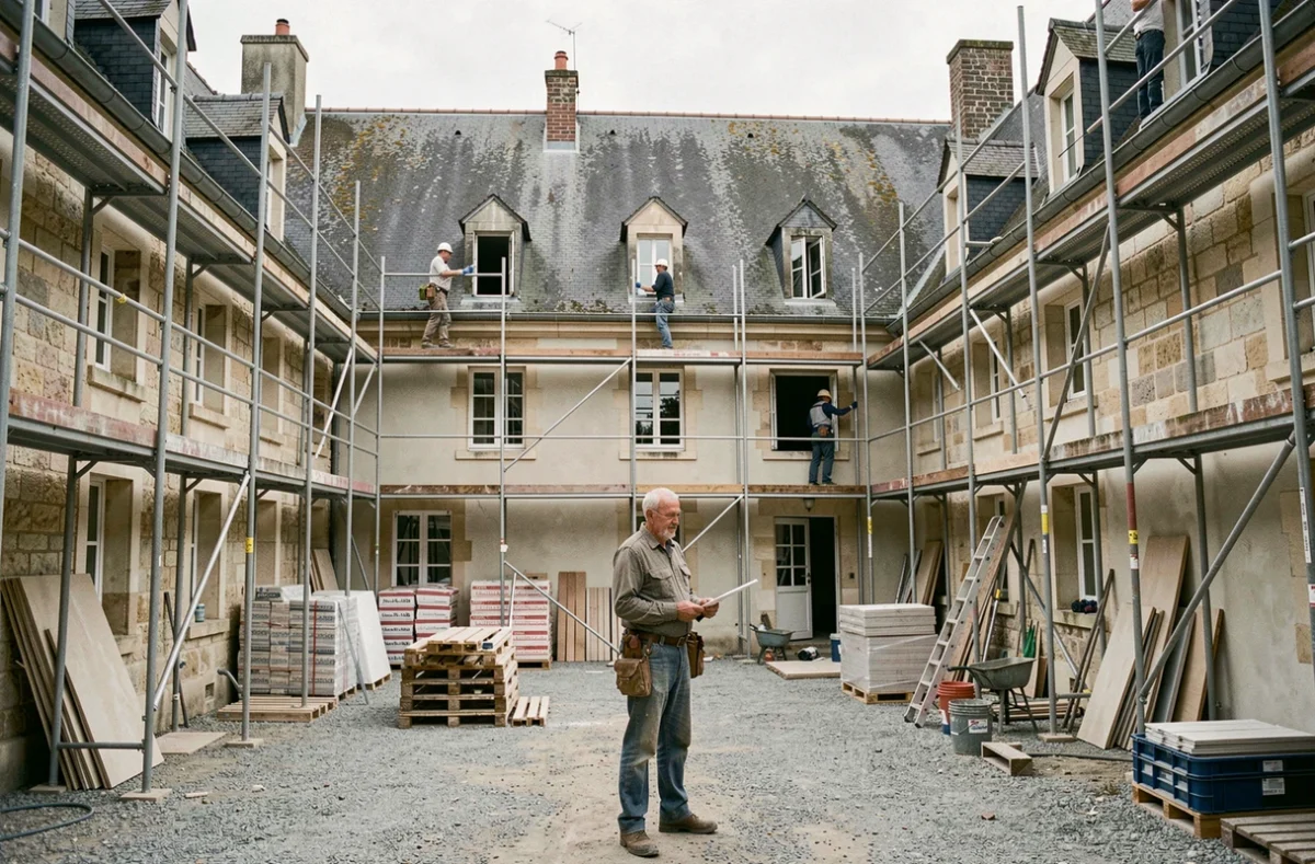 Chef de chantier supervisant des travaux tous corps d'état sur un grand bâtiment en rénovation pour Bati Rénovation 63 dans le Puy-de-Dôme