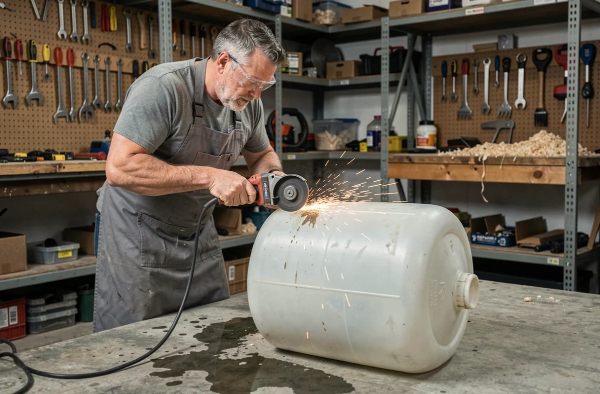 Bricoleur découpant un fût plastique de 200 litres dans un atelier de garage pour un projet de récupération