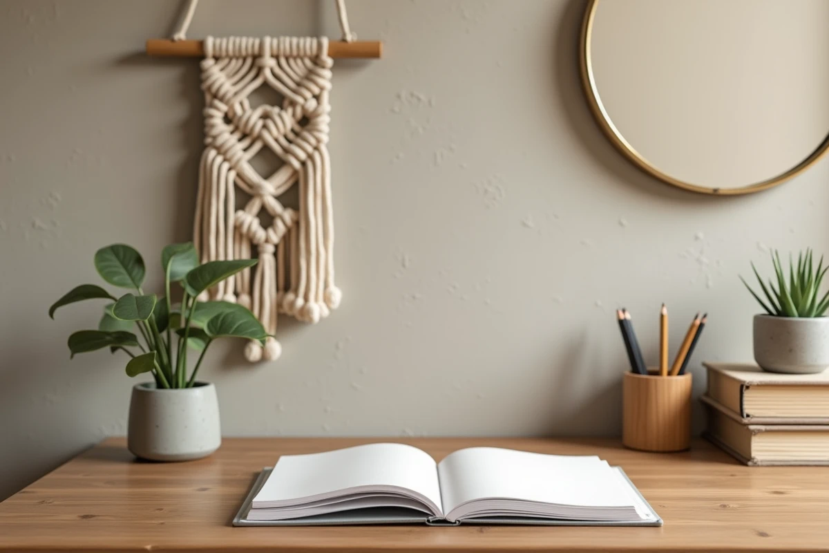 Coin bureau d'une chambre d'ado garçon avec palette de couleurs terreuses apaisantes, carnet et plantes vertes