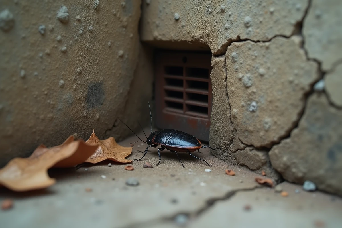 Cafard noir sur un mur extérieur en béton près d'une grille de ventilation de sous-sol