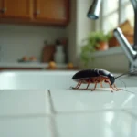 Cafard noir en gros plan sur le bord d'un évier de cuisine en céramique blanche
