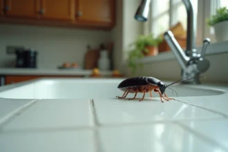 Cafard noir en gros plan sur le bord d'un évier de cuisine en céramique blanche