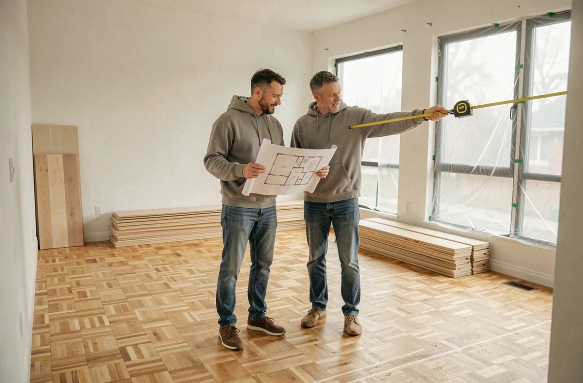Couple mesurant la surface d'un salon pour calculer les mètres carrés nécessaires à la pose d'un parquet