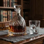 Carafe en cristal taillé remplie de whisky ambré posée sur un meuble en noyer avec un verre tumbler et des sphères de glace