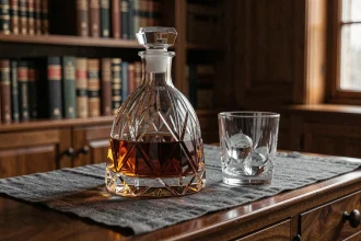 Carafe en cristal taillé remplie de whisky ambré posée sur un meuble en noyer avec un verre tumbler et des sphères de glace
