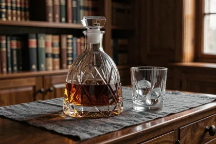 Carafe en cristal taillé remplie de whisky ambré posée sur un meuble en noyer avec un verre tumbler et des sphères de glace