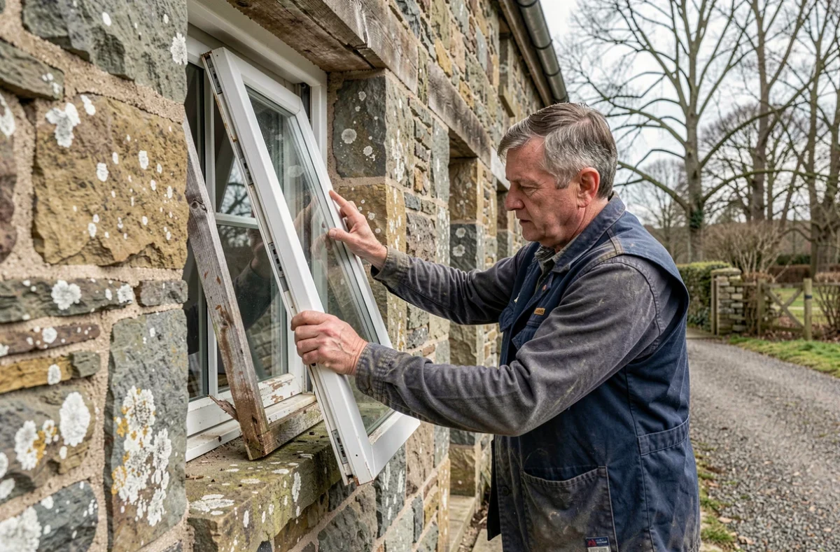 Artisan indépendant retirant une ancienne fenêtre simple vitrage d'un cottage en pierre du Morbihan pour Cariou Yannick