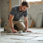 Carreleur professionnel posant des carreaux grand format dans une salle de bain en rénovation