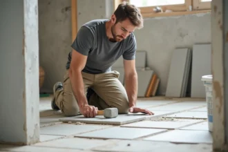 Carreleur professionnel posant des carreaux grand format dans une salle de bain en rénovation