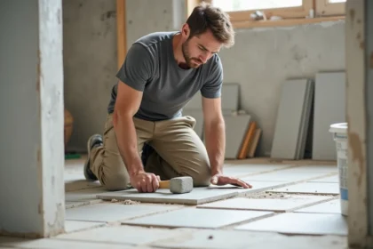 Carreleur professionnel posant des carreaux grand format dans une salle de bain en rénovation