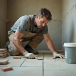 Carreleur professionnel posant du carrelage au sol dans une salle de bain en rénovation, avec mortier-colle et cales d'espacement