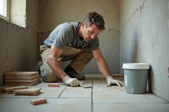 Carreleur professionnel posant du carrelage au sol dans une salle de bain en rénovation, avec mortier-colle et cales d'espacement