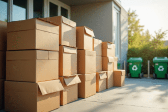 Cartons en pile au centre de recyclage en plein air