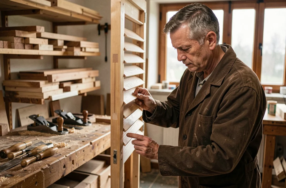 Maître artisan inspectant la menuiserie d'un volet en bois artisanal dans son atelier pour CB Menuiserie dans le Morbihan