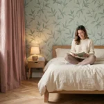 Chambre adulte cocooning avec papier peint botanique vert sauge, linge de lit en lin ivoire et rideaux en lin rose poudré