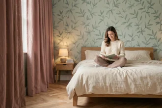 Chambre adulte cocooning avec papier peint botanique vert sauge, linge de lit en lin ivoire et rideaux en lin rose poudré