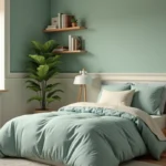 Chambre d'ado garçon aux murs vert sauge apaisant avec literie bleu poudré et mobilier en bois naturel