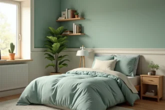 Chambre d'ado garçon aux murs vert sauge apaisant avec literie bleu poudré et mobilier en bois naturel