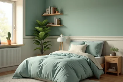 Chambre d'ado garçon aux murs vert sauge apaisant avec literie bleu poudré et mobilier en bois naturel
