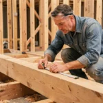Charpentier mesurant la section d'une solive en bois pour plancher porteur lors d'une rénovation résidentielle