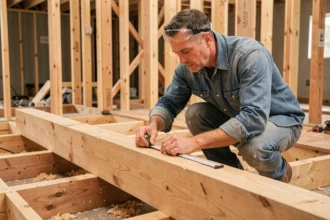 Charpentier mesurant la section d'une solive en bois pour plancher porteur lors d'une rénovation résidentielle