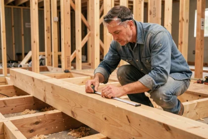 Charpentier mesurant la section d'une solive en bois pour plancher porteur lors d'une rénovation résidentielle